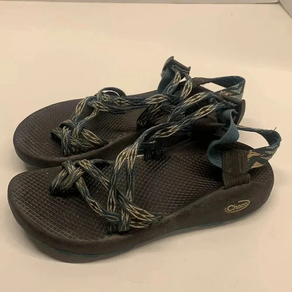 Chaco Zvolv X2 Sandals Outdoor Strappy Toe Blue White Geometric Women's Size 7 - Picture 1 of 11